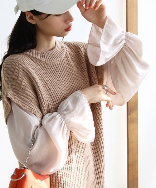 GeeRA（ジーラ）の「袖ブラウスドッキングニットワンピース（ワンピース・レディース・ブラック/モカ/ベージュ/グリーン・LARGE/MEDIUM/X-LARGE）」の9枚目の写真