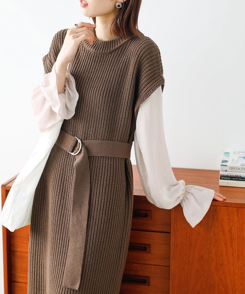 GeeRA（ジーラ）の「袖ブラウスドッキングニットワンピース（ワンピース・レディース・ブラック/モカ/ベージュ/グリーン・LARGE/MEDIUM/X-LARGE）」の16枚目の写真