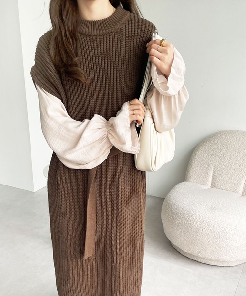 セール】袖ブラウスドッキングニットワンピース（ワンピース）｜GeeRA