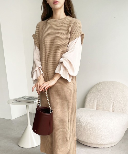 GeeRA（ジーラ）の「袖ブラウスドッキングニットワンピース（ワンピース・レディース・ブラック/モカ/ベージュ/グリーン・LARGE/MEDIUM/X-LARGE）」の13枚目の写真