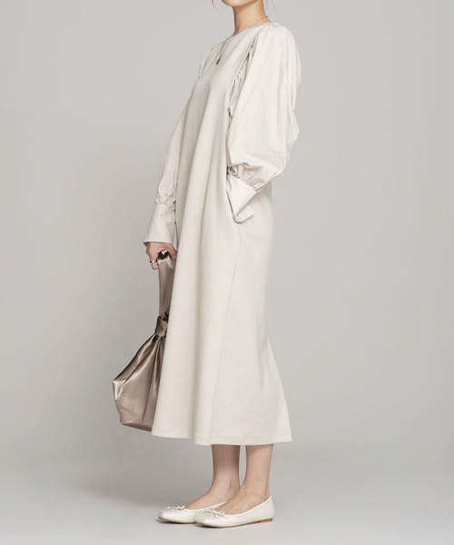 NANO universe（ナノユニバース）の「TRUE COTTON 布帛ドッキングスリーブワンピース 長袖（ワンピース・レディース・ライトグレー/ブラック・36/38）」の3枚目の写真