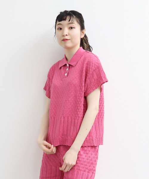 Dot&Stripes CHILD WOMAN(ドットアンドストライプス チャイルドウーマン)の「透かし編みパッチワーク ポロプルオーバー(ポロシャツ・レディース・グリーン/キナリ/ピンク・FREE)」の1枚目の写真