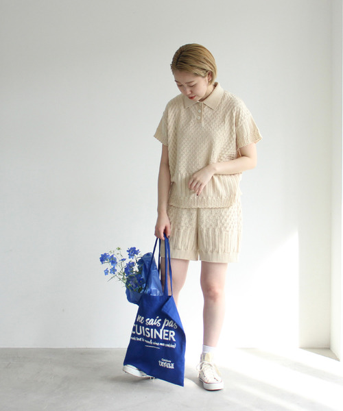 Dot&Stripes CHILD WOMAN(ドットアンドストライプス チャイルドウーマン)の「透かし編みパッチワーク ポロプルオーバー(ポロシャツ・レディース・グリーン/キナリ/ピンク・FREE)」の2枚目の写真