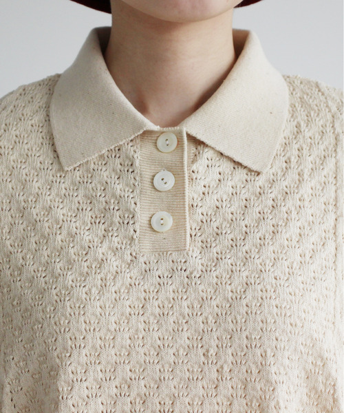 Dot&Stripes CHILD WOMAN(ドットアンドストライプス チャイルドウーマン)の「透かし編みパッチワーク ポロプルオーバー(ポロシャツ・レディース・グリーン/キナリ/ピンク・FREE)」の4枚目の写真