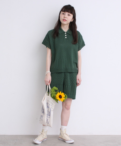 Dot&Stripes CHILD WOMAN(ドットアンドストライプス チャイルドウーマン)の「透かし編みパッチワーク ポロプルオーバー(ポロシャツ・レディース・グリーン/キナリ/ピンク・FREE)」の5枚目の写真