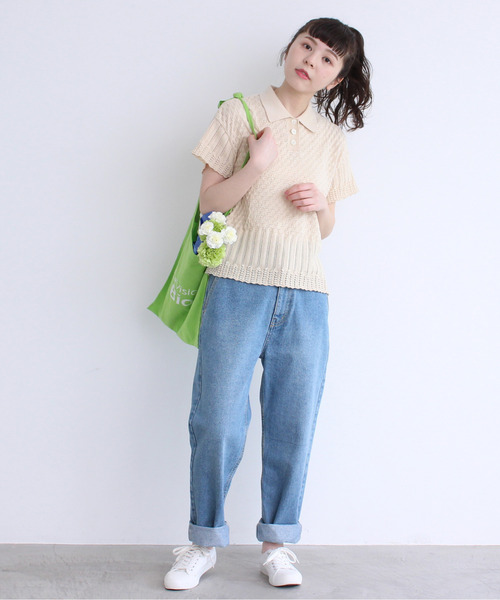 Dot&Stripes CHILD WOMAN(ドットアンドストライプス チャイルドウーマン)の「透かし編みパッチワーク ポロプルオーバー(ポロシャツ・レディース・グリーン/キナリ/ピンク・FREE)」の6枚目の写真