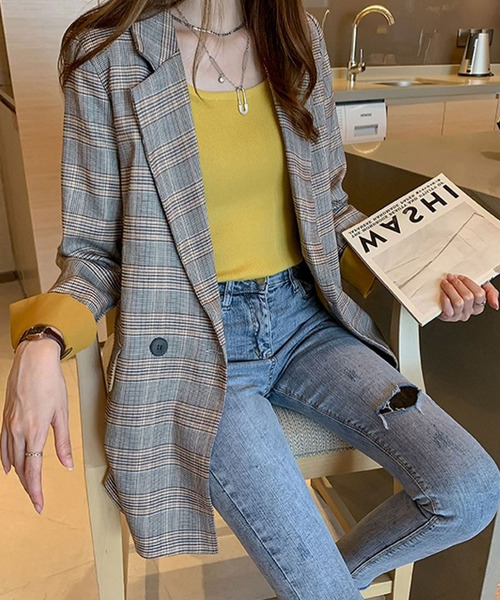 Bifrost（ビフレスト）の「チェックテーラードジャケット（テーラードジャケット・レディース・ピンク/イエロー・S/M/L/XL）」の6枚目の写真