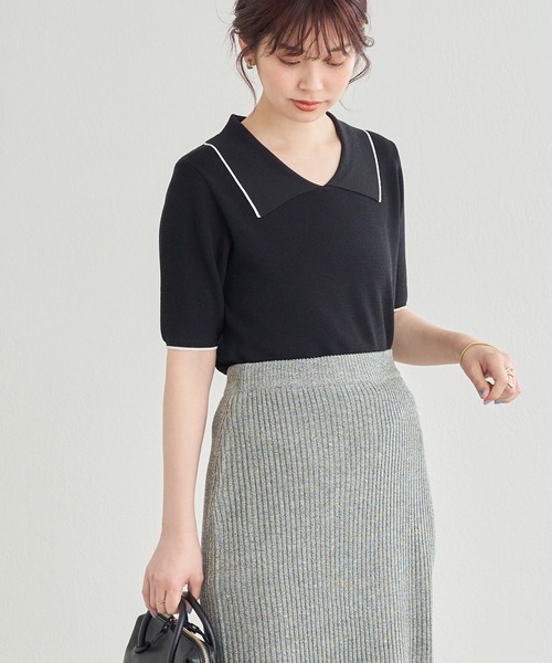 natural couture(ナチュラルクチュール)の「WEB限定/コーデを飾るトレンドアイテム ポロニット(ニット/セーター・レディース・オフホワイト/ブラック/グリーン・FREE)」の1枚目の写真
