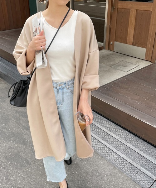 StyleSea（スタイルシー）の「カットポンチノーカラーロングジャケット（ノーカラージャケット・レディース・ブラック/アイボリー/グレイッシュベージュ・MEDIUM）」の3枚目の写真