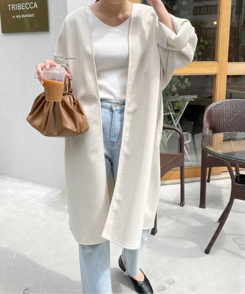 StyleSea（スタイルシー）の「カットポンチノーカラーロングジャケット（ノーカラージャケット・レディース・ブラック/アイボリー/グレイッシュベージュ・MEDIUM）」の2枚目の写真