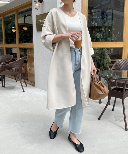 StyleSea（スタイルシー）の「カットポンチノーカラーロングジャケット（ノーカラージャケット・レディース・ブラック/アイボリー/グレイッシュベージュ・MEDIUM）」の6枚目の写真