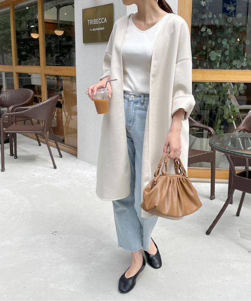 StyleSea（スタイルシー）の「カットポンチノーカラーロングジャケット（ノーカラージャケット・レディース・ブラック/アイボリー/グレイッシュベージュ・MEDIUM）」の7枚目の写真