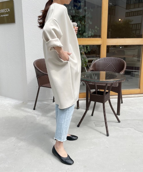 StyleSea（スタイルシー）の「カットポンチノーカラーロングジャケット（ノーカラージャケット・レディース・ブラック/アイボリー/グレイッシュベージュ・MEDIUM）」の10枚目の写真