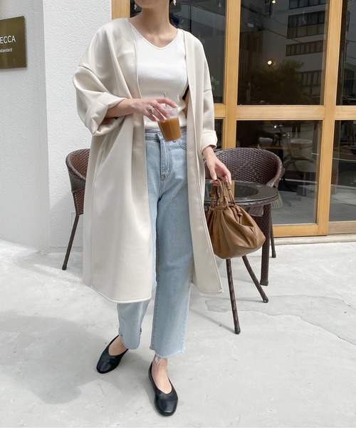 StyleSea（スタイルシー）の「カットポンチノーカラーロングジャケット（ノーカラージャケット・レディース・ブラック/アイボリー/グレイッシュベージュ・MEDIUM）」の5枚目の写真