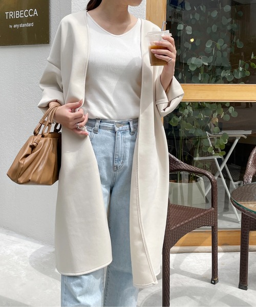 StyleSea（スタイルシー）の「カットポンチノーカラーロングジャケット（ノーカラージャケット・レディース・ブラック/アイボリー/グレイッシュベージュ・MEDIUM）」の14枚目の写真