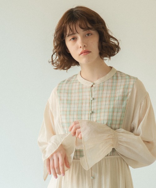 idem（イデム）の「check sheer muse onepiece/チェックシアー切替ワンピース（ワンピース・レディース・ネイビー/アイボリー・FREE）」の11枚目の写真