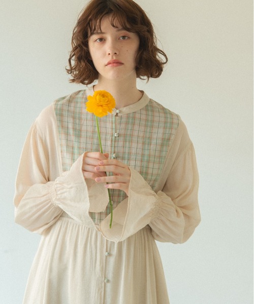idem（イデム）の「check sheer muse onepiece/チェックシアー切替ワンピース（ワンピース・レディース・ネイビー/アイボリー・FREE）」の3枚目の写真