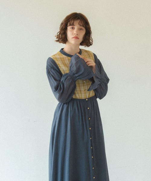 idem（イデム）の「check sheer muse onepiece/チェックシアー切替ワンピース（ワンピース・レディース・ネイビー/アイボリー・FREE）」の20枚目の写真