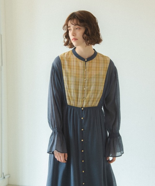idem（イデム）の「check sheer muse onepiece/チェックシアー切替ワンピース（ワンピース・レディース・ネイビー/アイボリー・FREE）」の21枚目の写真