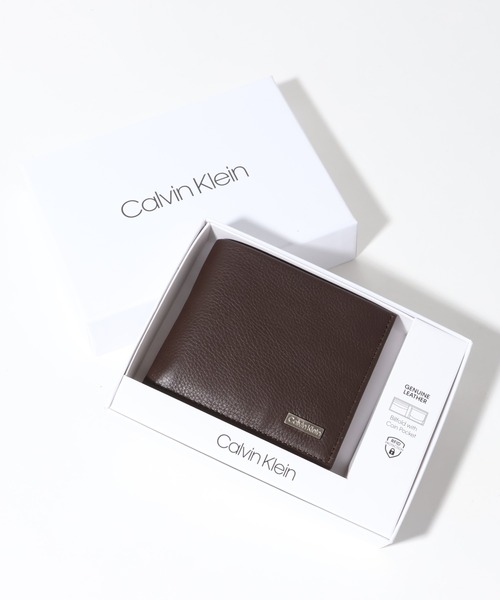 財布 「Calvin Klein/カルバンクライン」ワンポイント スクエアロゴプレート レザー二つ折りウォレット/財布 メンズ セールCalvin Klein⁄カルバンクラインワンポイント レザー