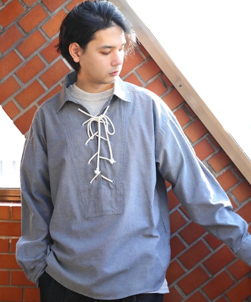 8(eight)(エイト)の「シャンブレーレースアップシャツ(シャツ/ブラウス・メンズ・オフホワイト/サックスブルー/ネイビー・MEDIUM/LARGE)」の17枚目の写真