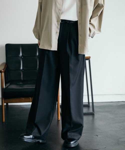 【極上品】センタープレス ワイドストレート スラックス BLACK Center press straight wide slacks pants /setup/センタープレス