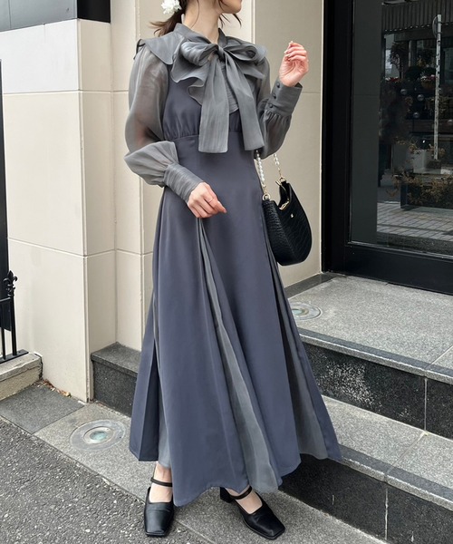A231グレー✕黒系大島紬Aラインワンピース★リボン・ブローチ A231グレー✕黒系大島紬Aラインワンピース☆リボン・ブローチ