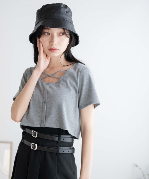 WEGO（ウィゴー）の「WEGO/フロントクロスショートリブT（Tシャツ/カットソー・レディース・杢グレー/ブラック/カーキ・FREE）」の21枚目の写真