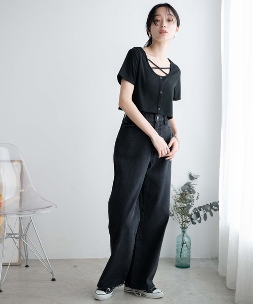 WEGO（ウィゴー）の「WEGO/フロントクロスショートリブT（Tシャツ/カットソー・レディース・杢グレー/ブラック/カーキ・FREE）」の10枚目の写真