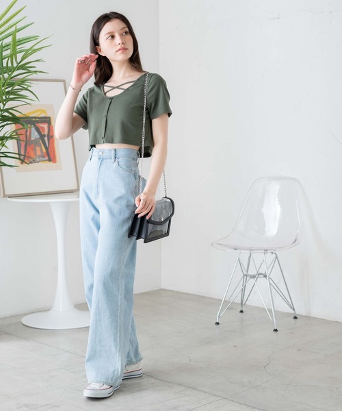 WEGO（ウィゴー）の「WEGO/フロントクロスショートリブT（Tシャツ/カットソー・レディース・杢グレー/ブラック/カーキ・FREE）」の4枚目の写真