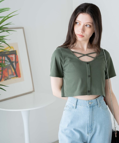 WEGO（ウィゴー）の「WEGO/フロントクロスショートリブT（Tシャツ/カットソー・レディース・杢グレー/ブラック/カーキ・FREE）」の5枚目の写真