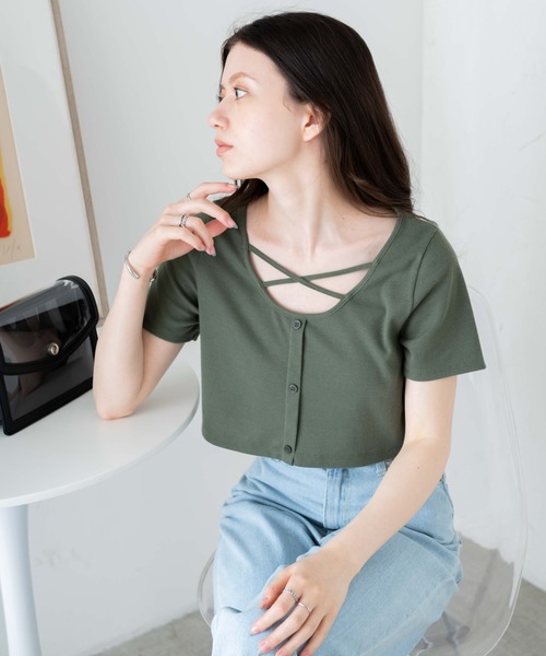 WEGO（ウィゴー）の「WEGO/フロントクロスショートリブT（Tシャツ/カットソー・レディース・杢グレー/ブラック/カーキ・FREE）」の6枚目の写真