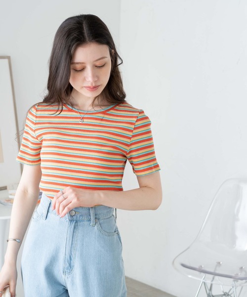 WEGO(ウィゴー)の「WEGO/マルチボーダーリブT(Tシャツ/カットソー・レディース・ブルー/ブラウン/オレンジ・FREE)」の10枚目の写真