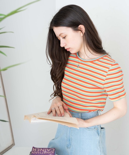 WEGO(ウィゴー)の「WEGO/マルチボーダーリブT(Tシャツ/カットソー・レディース・ブルー/ブラウン/オレンジ・FREE)」の11枚目の写真