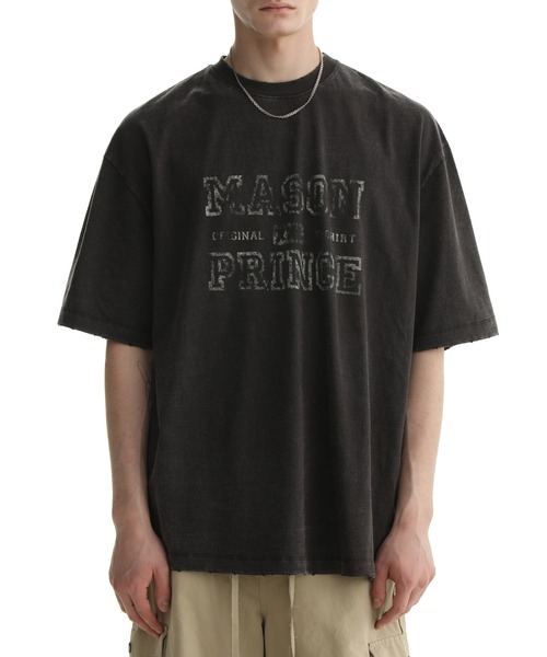 MASONPRINCE プリント Ｔシャツ ヴィンテージ ダメージ 男女兼用 オーバーサイズヴィンテージ加工ブランドロゴダメージTシャツ