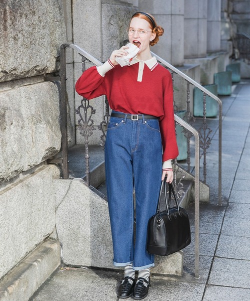 BONLECILL(ボンルシール)の「エンブレム刺繍ハイウエストデニムパンツ(デニムパンツ・レディース・アイボリー/ネイビー/ブラック/ブルー・L/M/S)」の4枚目の写真