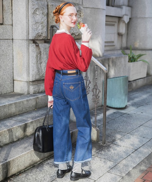 BONLECILL(ボンルシール)の「エンブレム刺繍ハイウエストデニムパンツ(デニムパンツ・レディース・アイボリー/ネイビー/ブラック/ブルー・L/M/S)」の6枚目の写真