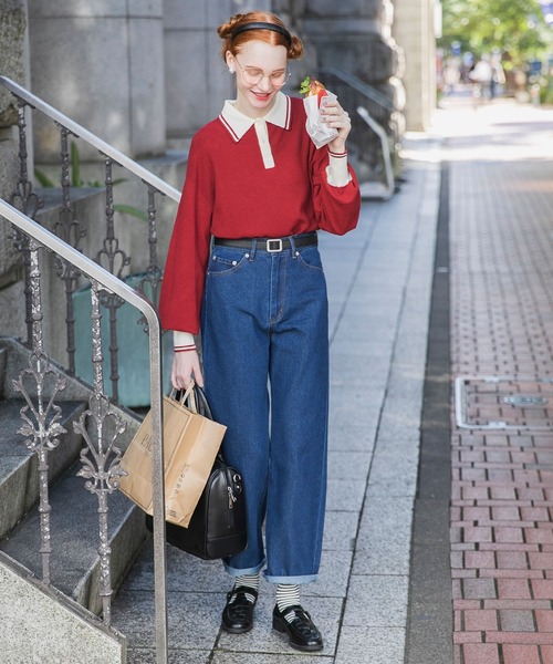 BONLECILL(ボンルシール)の「エンブレム刺繍ハイウエストデニムパンツ(デニムパンツ・レディース・アイボリー/ネイビー/ブラック/ブルー・L/M/S)」の5枚目の写真