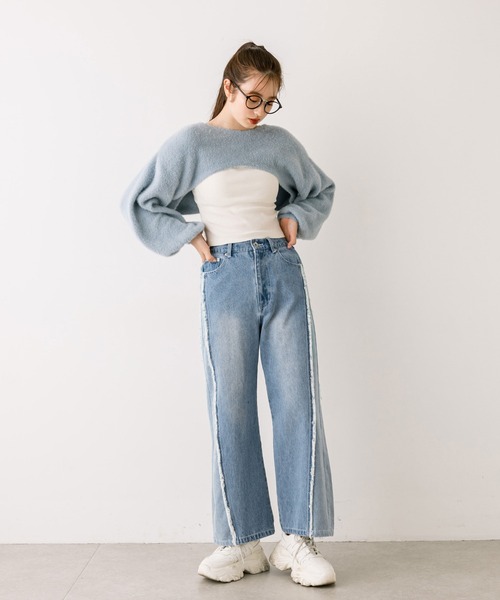 OLIVE des OLIVE（オリーブデオリーブ）の「【S/Mサイズ展開】配色フリンジワイドパンツ　1032030030（デニムパンツ・レディース・ワンウォッシュ/スミクロ・MEDIUM/SMALL）」の9枚目の写真