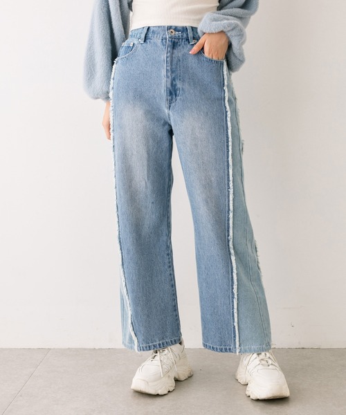 OLIVE des OLIVE（オリーブデオリーブ）の「【S/Mサイズ展開】配色フリンジワイドパンツ　1032030030（デニムパンツ・レディース・ワンウォッシュ/スミクロ・MEDIUM/SMALL）」の12枚目の写真