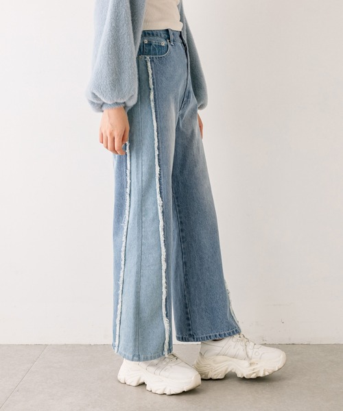 OLIVE des OLIVE（オリーブデオリーブ）の「【S/Mサイズ展開】配色フリンジワイドパンツ　1032030030（デニムパンツ・レディース・ワンウォッシュ/スミクロ・MEDIUM/SMALL）」の13枚目の写真