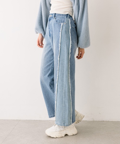 OLIVE des OLIVE（オリーブデオリーブ）の「【S/Mサイズ展開】配色フリンジワイドパンツ　1032030030（デニムパンツ・レディース・ワンウォッシュ/スミクロ・MEDIUM/SMALL）」の15枚目の写真