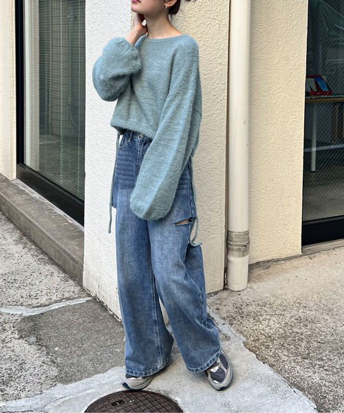 feepur(フェピュール)の「【ハンドウォッシャブル】ラメシャギードロストショートニット(ニット/セーター・レディース・ブラック/オフホワイト/ブルー・MEDIUM)」の8枚目の写真