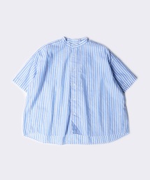 [ prit ] コットンリネンバレストライプ ５分袖スタンドカラーシャツ
