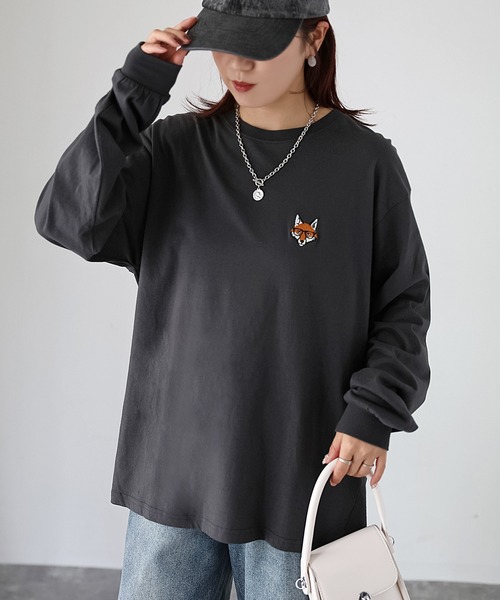Riberry（リベリー）の「めがねキツネ胸刺繍ロンT（Tシャツ/カットソー・レディース・オフホワイト/オートミール/チャコールグレー・FREE）」の22枚目の写真
