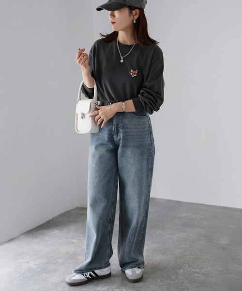 Riberry（リベリー）の「めがねキツネ胸刺繍ロンT（Tシャツ/カットソー・レディース・オフホワイト/オートミール/チャコールグレー・FREE）」の9枚目の写真