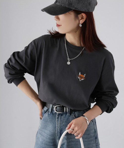 Riberry（リベリー）の「めがねキツネ胸刺繍ロンT（Tシャツ/カットソー・レディース・オフホワイト/オートミール/チャコールグレー・FREE）」の20枚目の写真