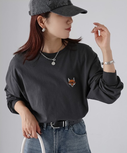 Riberry（リベリー）の「めがねキツネ胸刺繍ロンT（Tシャツ/カットソー・レディース・オフホワイト/オートミール/チャコールグレー・FREE）」の7枚目の写真