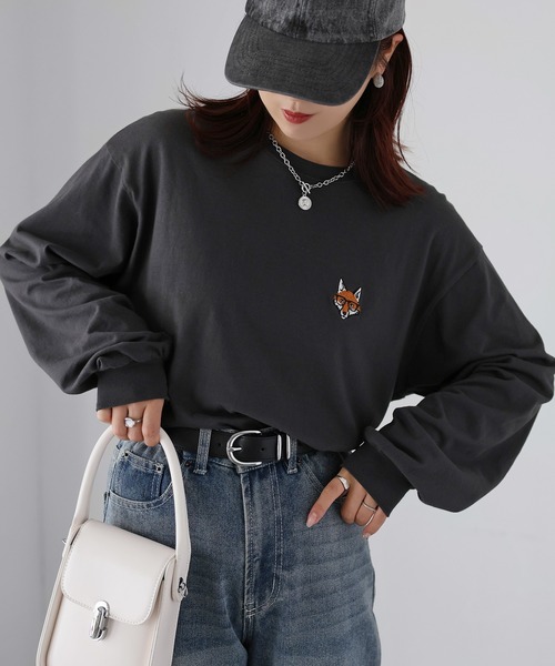 Riberry（リベリー）の「めがねキツネ胸刺繍ロンT（Tシャツ/カットソー・レディース・オフホワイト/オートミール/チャコールグレー・FREE）」の8枚目の写真