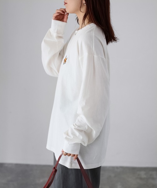 Riberry（リベリー）の「めがねキツネ胸刺繍ロンT（Tシャツ/カットソー・レディース・オフホワイト/オートミール/チャコールグレー・FREE）」の17枚目の写真